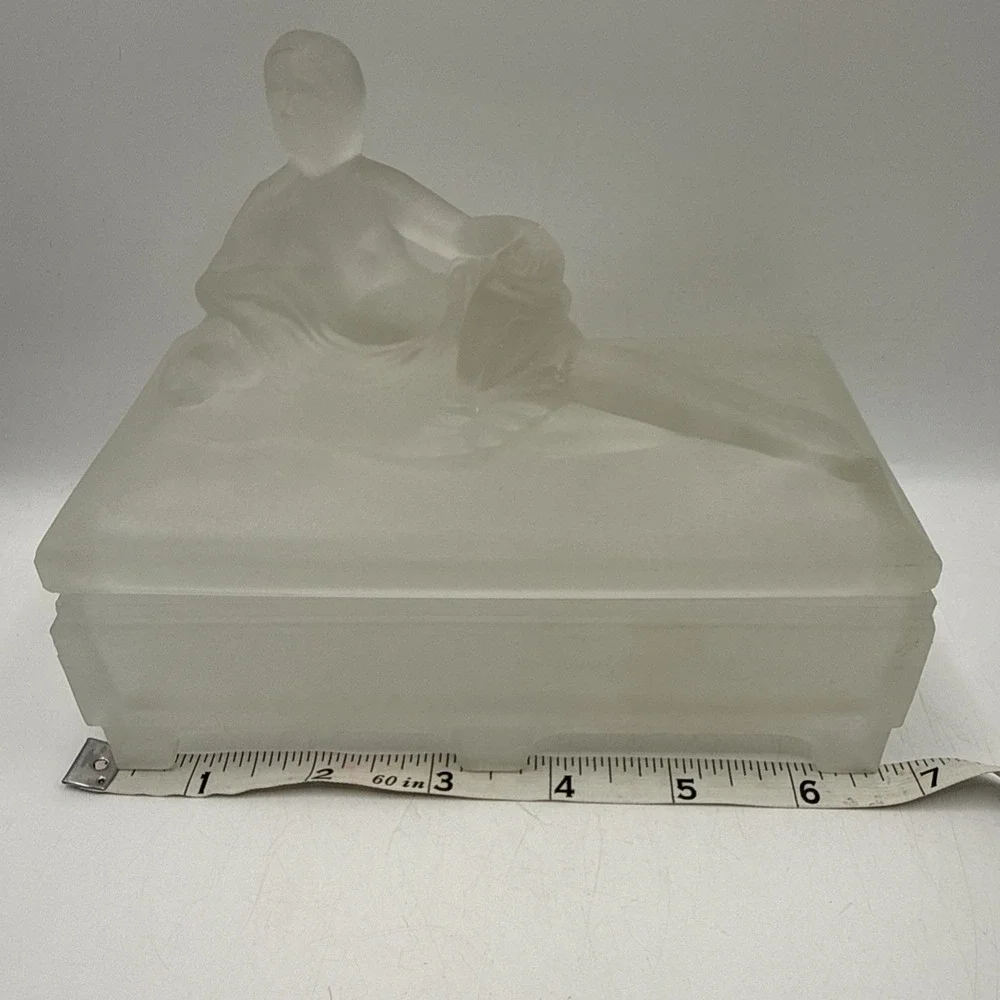 Art Deco Frosted White Glass Box W/ Nude Women Trinket Dish Jewelry Dresser RARE